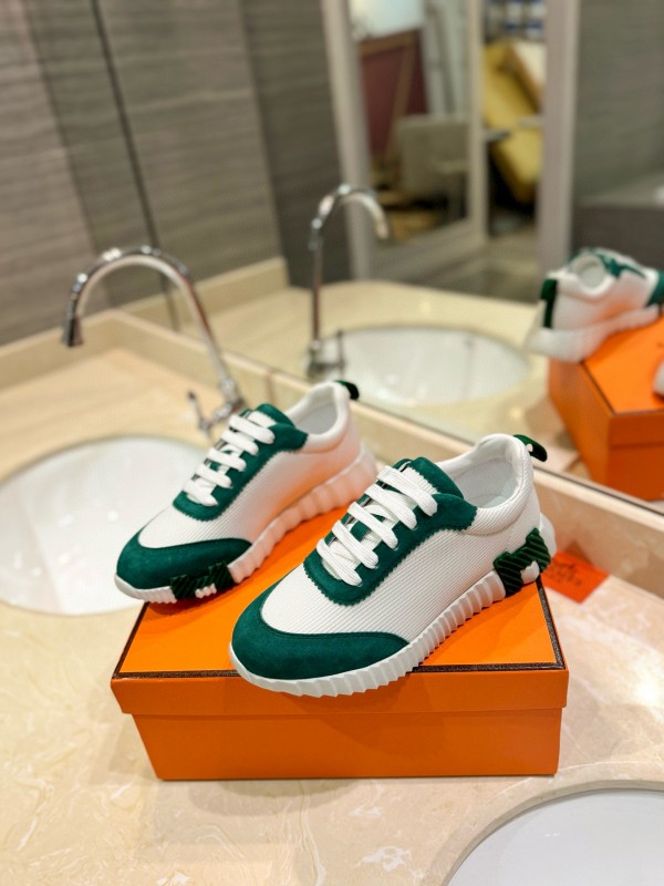 2024 Unisex Hermès White Green Mesh Suede Sneakers MJ00320
