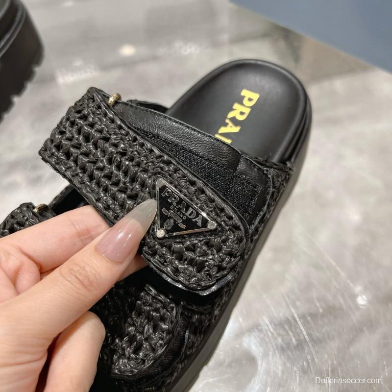 2025 Women Prada Black Woven Leather Sandals LY
