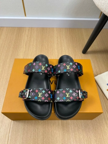 2025 Women Louis Vuitton Black Rainbow Canvas Slippers KFY00280