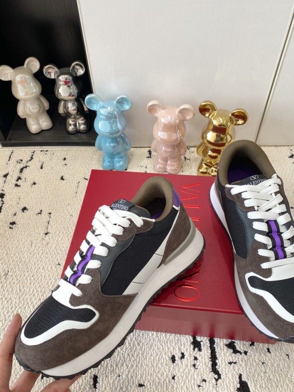 2025 Unisex Valentino Black Brown Purple Suede Leather Mesh Sneakers