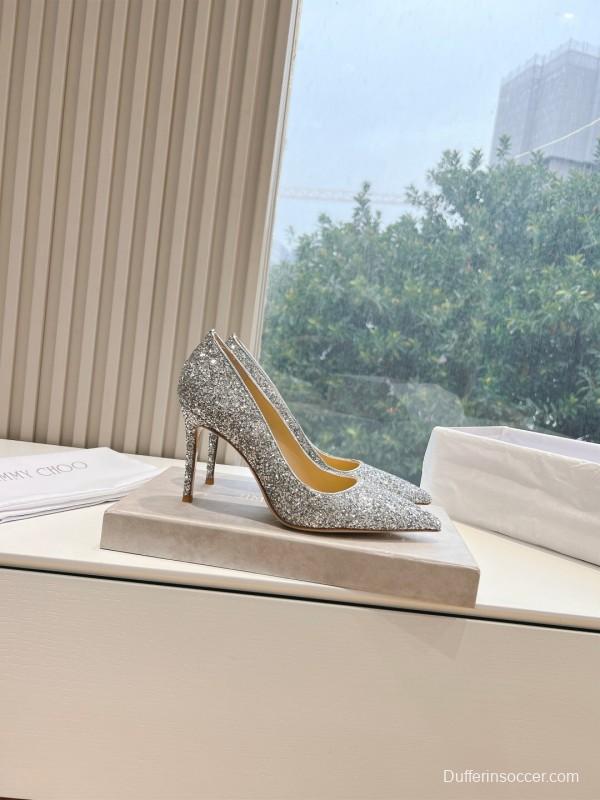 2025 Women Jimmy Choo Silver Glitter Leather Pointed Toe Pumps