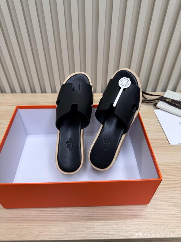 2025 Women Hermès Black Leather Wedge Sandals KFY00280