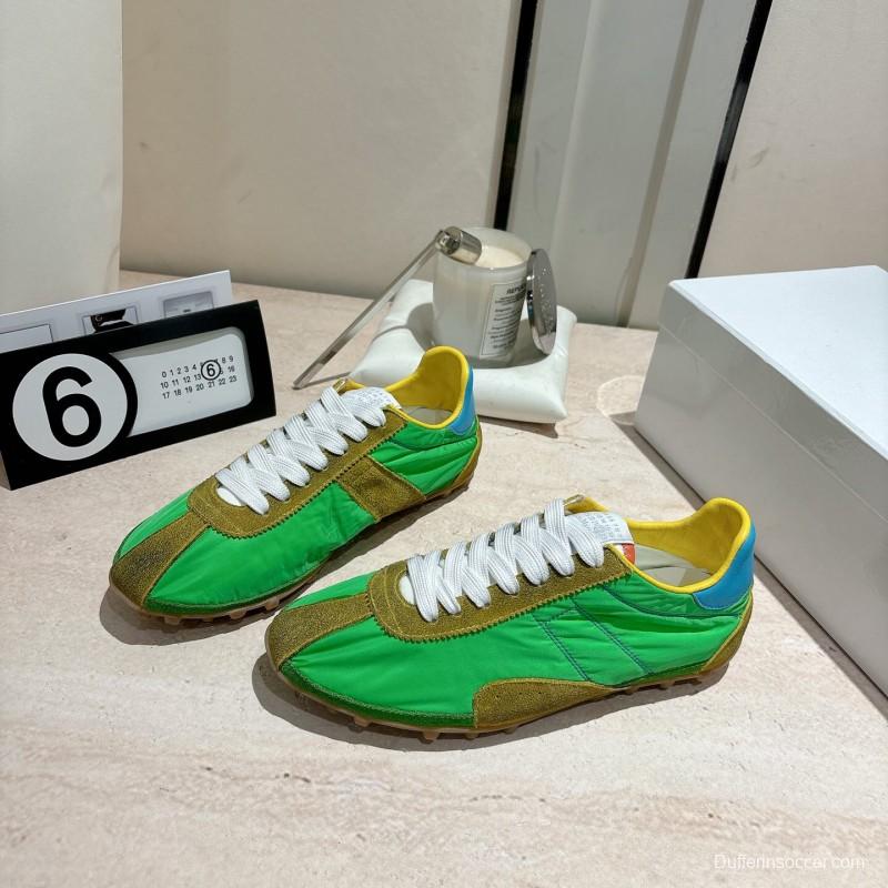2025 Unisex Maison Margiela Green Yellow Leather Nylon Suede Sneakers Distressed