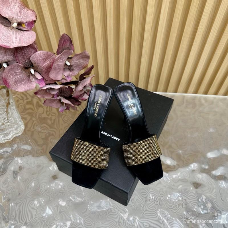 2025 Women Yves Saint Laurent Black Gold Rhinestone Leather High Heel Sandals MJ00300