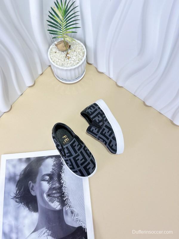 2024 Kids Fendi Black Brown Canvas Slip-On Shoes