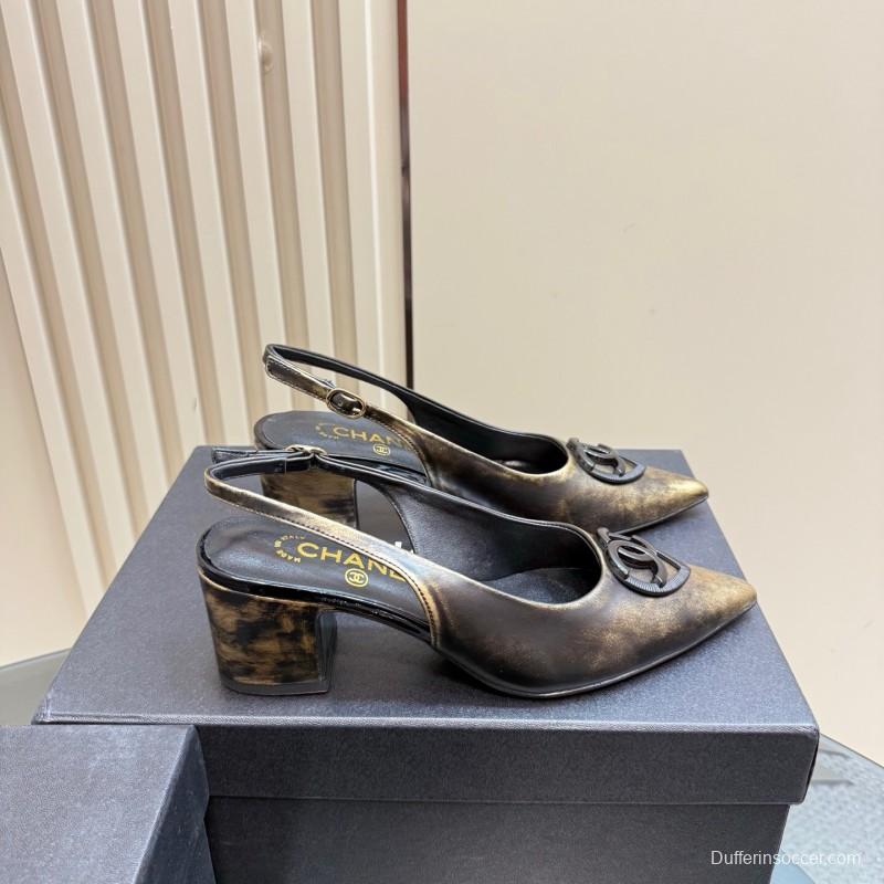 2025 Women Chanel Gold Black Leather Slingback Heel