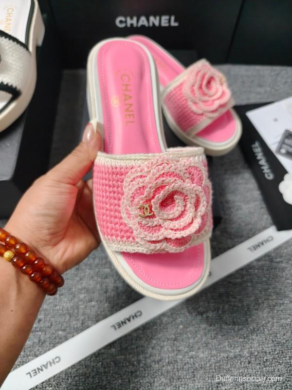 2025 Slippers Chanel Pink Straw Slide Floral LY00360