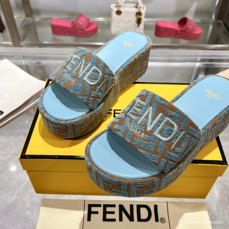 2025 Women Fendi Blue Brown Canvas Slippers