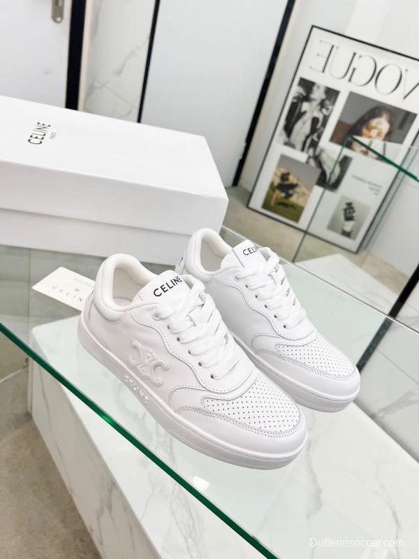 2025 Women Celine White Leather Sneakers Block Triomphe KFY00260