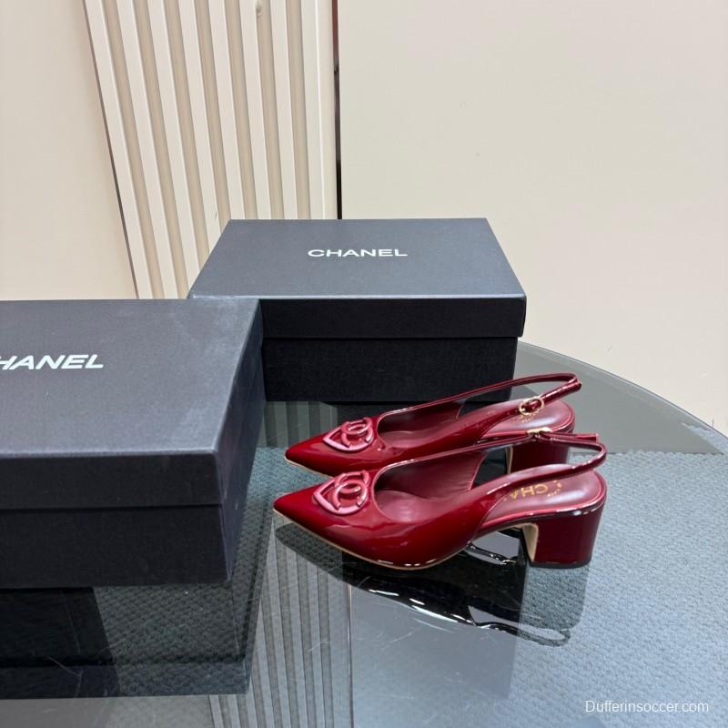 2025 Women Chanel Burgundy Patent Leather Slingback Pumps