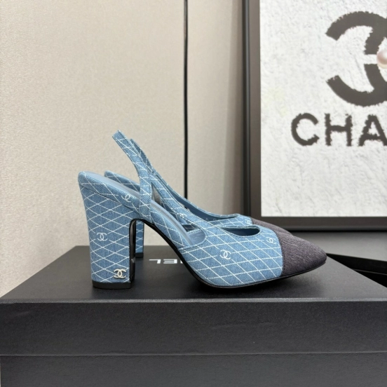 2025 Women Chanel Blue Black Denim Leather Slingback LY00270