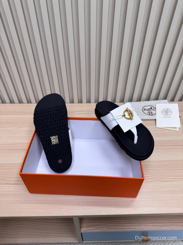 2025 Slippers Hermès White Black Leather Slippers