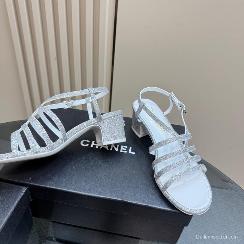 2025 Women Chanel Silver Leather Sandals
