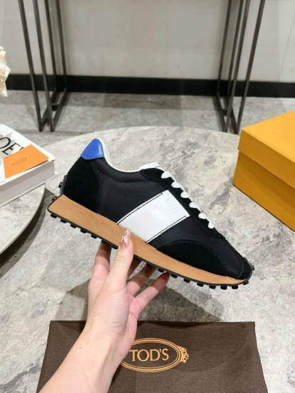 2025 Women TOD'S Black White Nylon Calfskin Sneakers