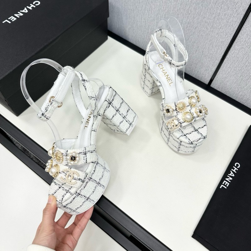 2025 Women Chanel White Black Tweed Platform Sandals