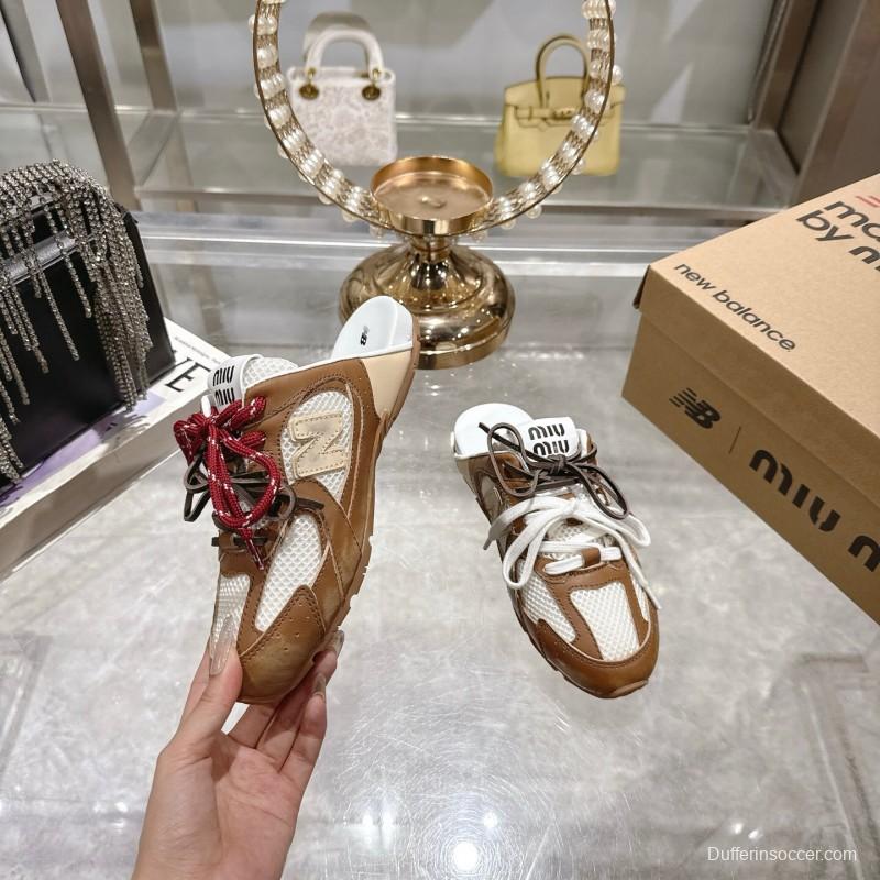 2025 Women Miumiu Brown White Leather Mesh Sneakers