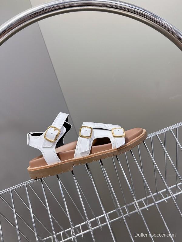 2025 Women Celine White Leather Sandals Buckle KFY00280