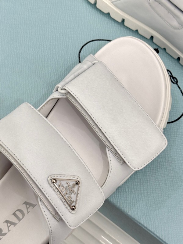 2025 Women Prada White Leather Slippers KFY00240