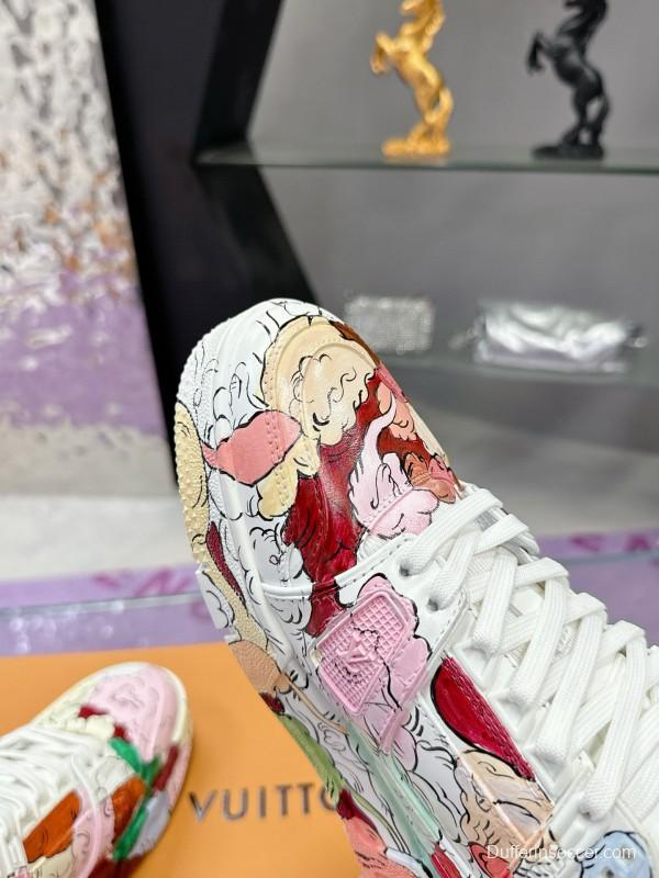 2024 Unisex Louis Vuitton White Pink Red Leather Canvas Sneakers Collaboration MJ00780