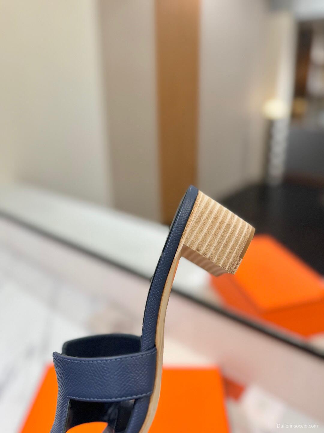 2025 Women Hermès Navy Leather Heeled Sandals