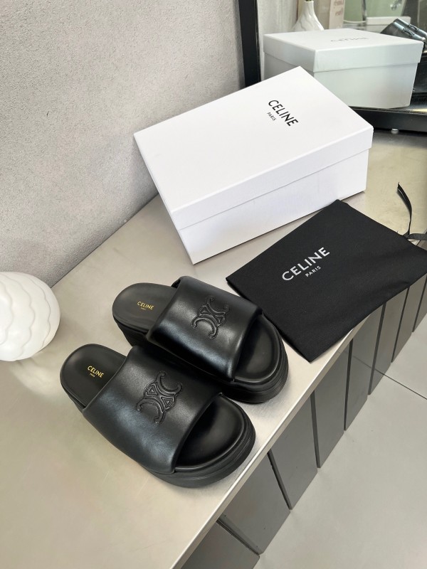2025 Women Celine Black Leather Slippers