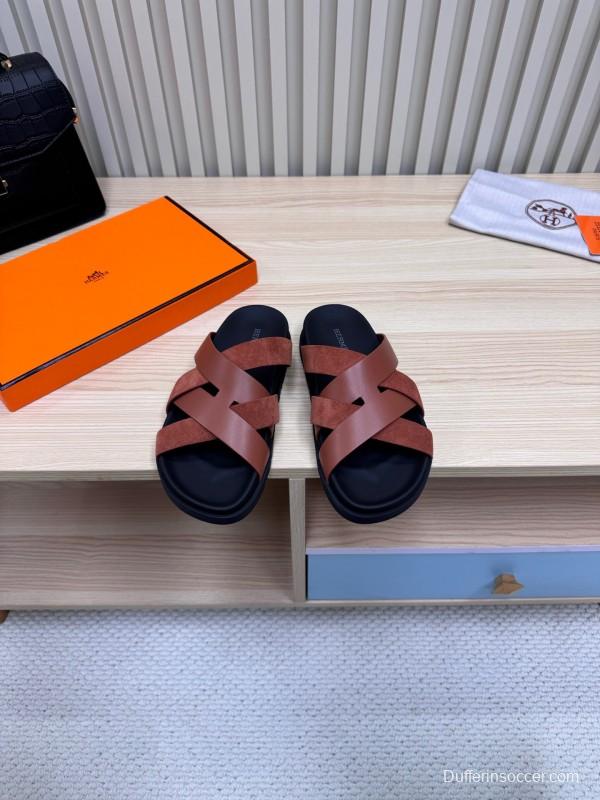 2025 Men HERMÈS Brown Leather Sandals