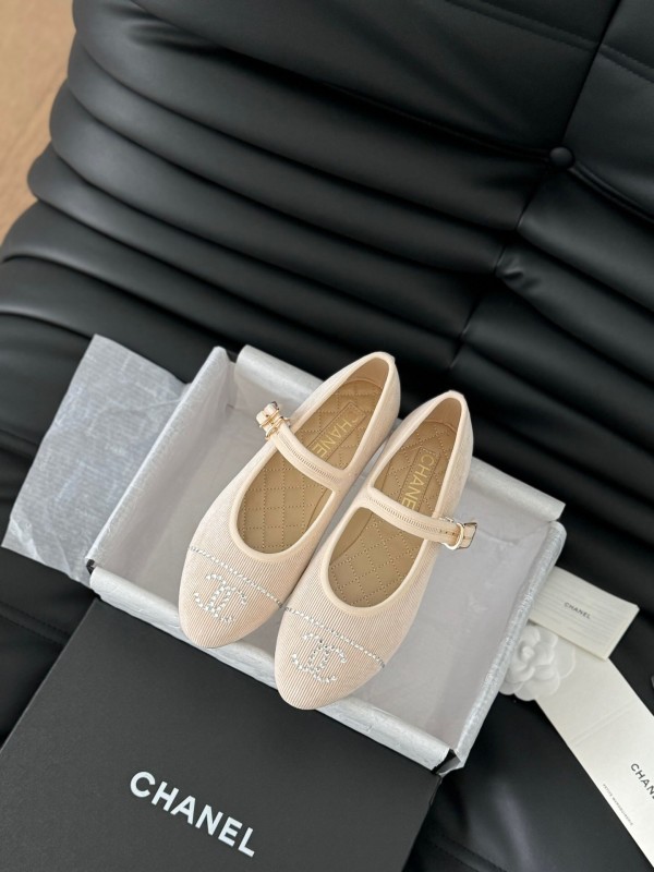 2025 Women Chanel Beige Fabric Mary Jane Embroidery LY00280