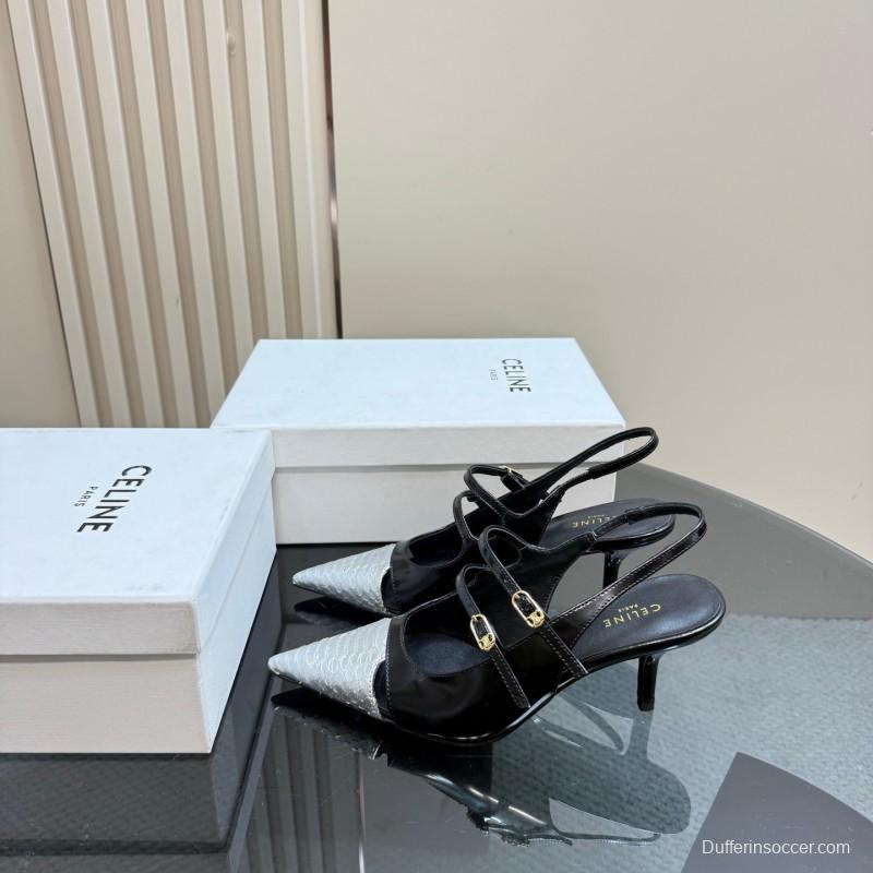 2025 Women Celine Black White Leather Pointed Toe Kitten Heel KFY00310
