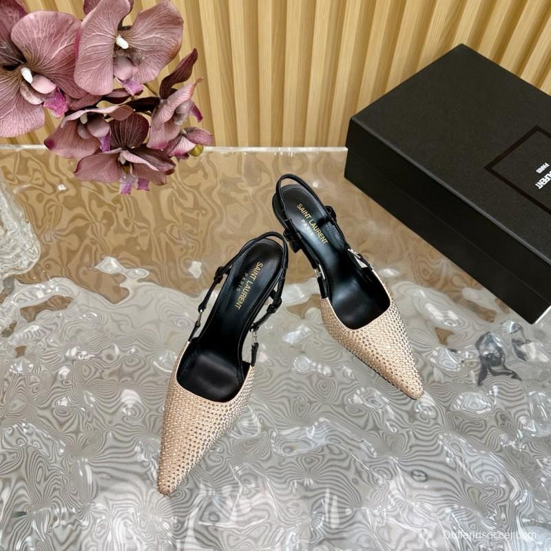 2024 Women Yves Saint Laurent Beige Rhinestone Silk Slingback Pumps MJ00320