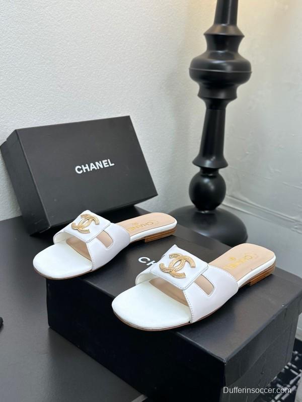2025 Women Chanel White Leather Slippers