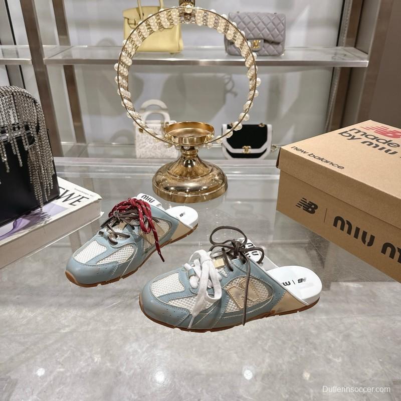 2025 Women Miu Miu Blue White Beige Leather Mesh Sneakers