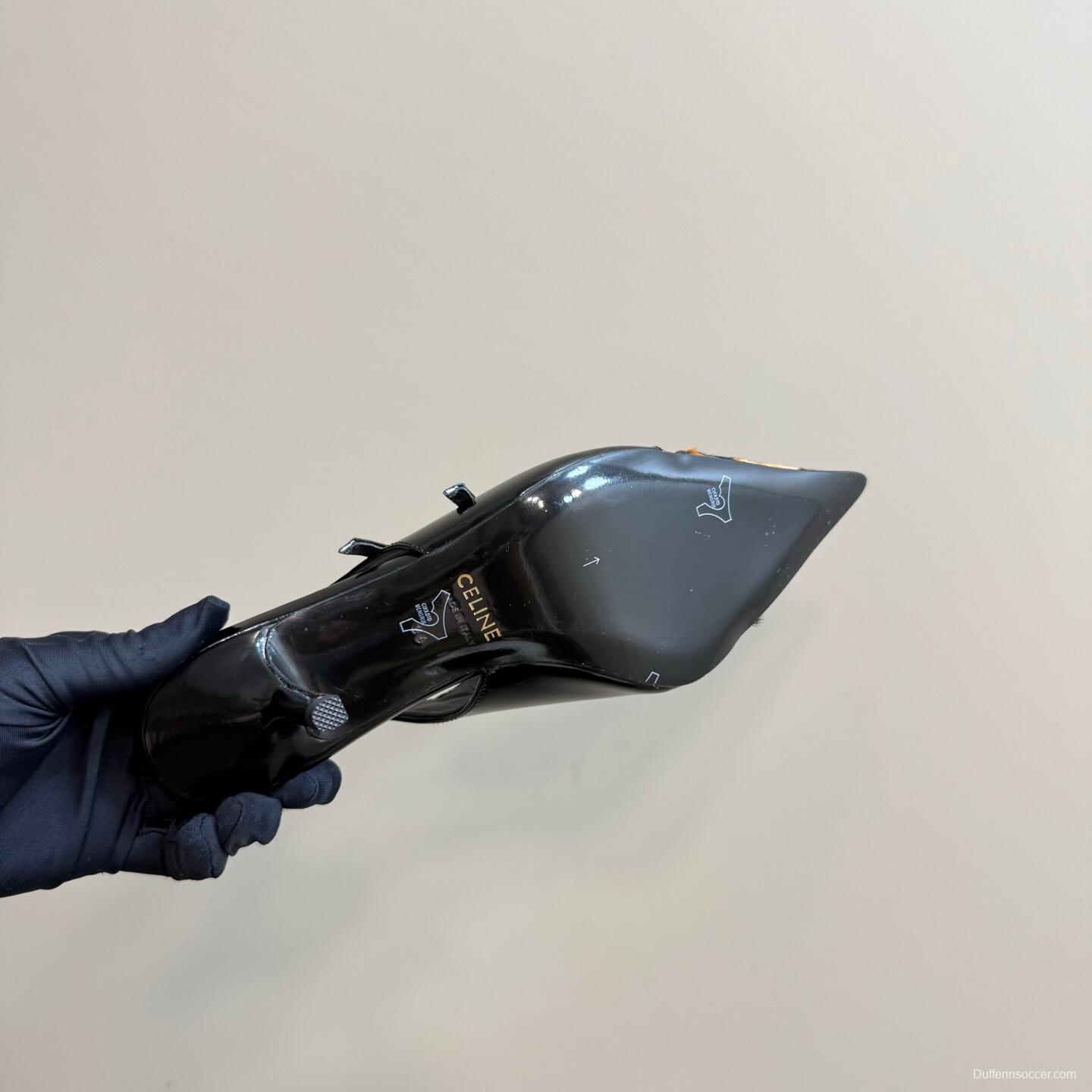 2025 Women Celine Leopard Black Patent Leather Slingback Heels