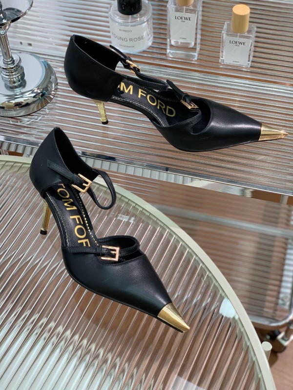 2025 Women TOM FORD Black Gold Leather Heels Metal Toe KFY00320