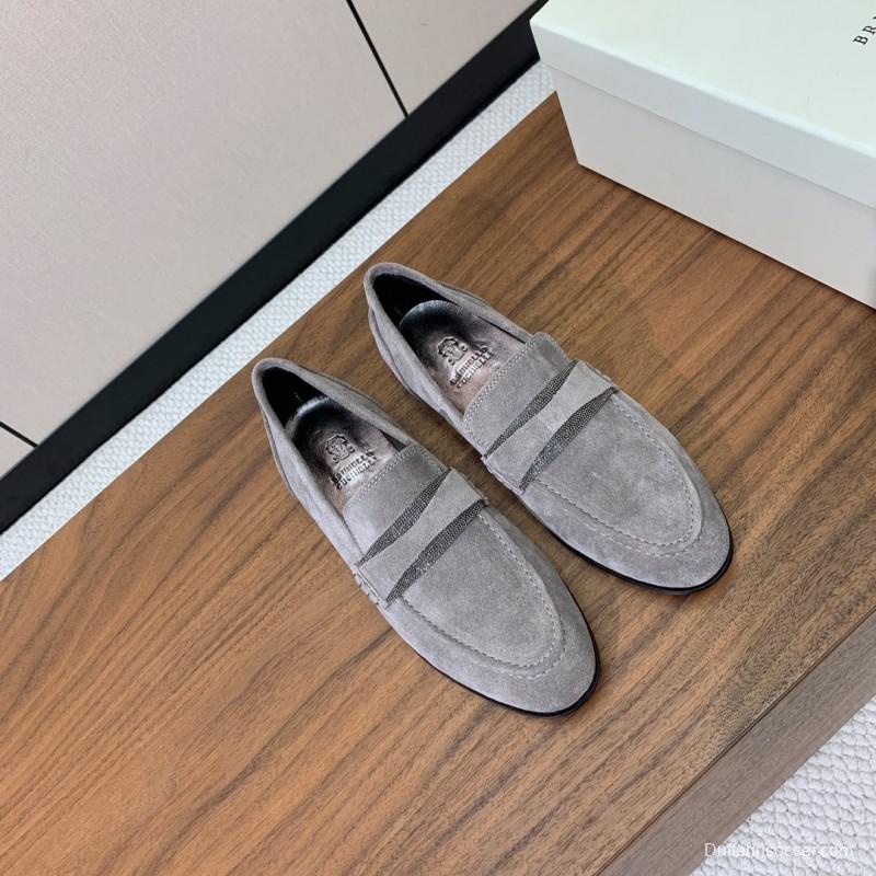 2025 Men Brunello Cucinelli Grey Suede Loafers Handcrafted Leather Sole KFY00300(M)