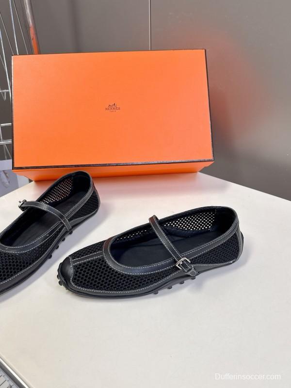 2025 Women Hermès Black Mesh Leather Mary Jane Shoes