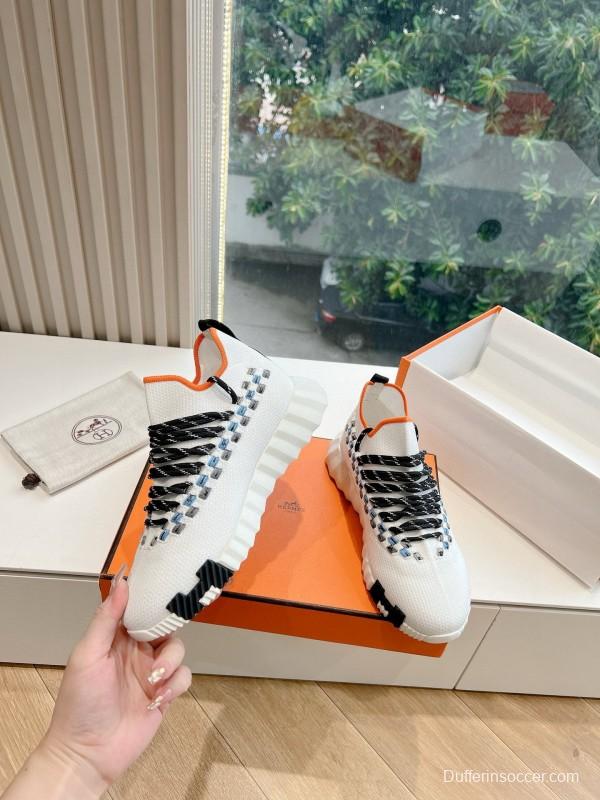 2024 Unisex Hermès White Black Orange Calf Suede Sneakers MJ00290