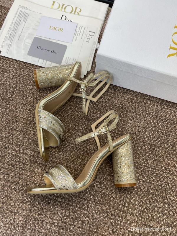 2025 Women Dior Gold Crystal Embellished Leather Sandals KFY00320