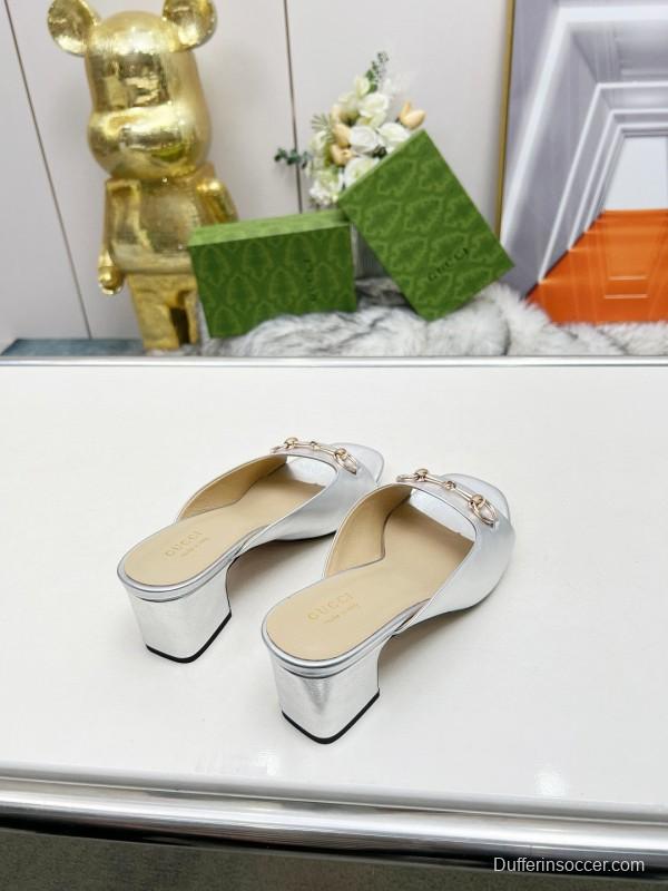2025 Women Gucci Silver Leather Mules Horsebit MJ00180