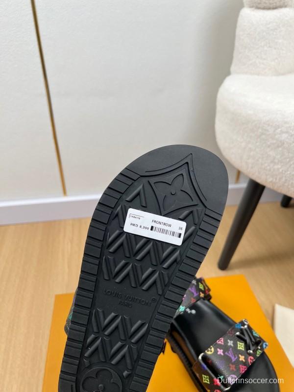 2025 Women Louis Vuitton Black Multicolor Canvas Sandals