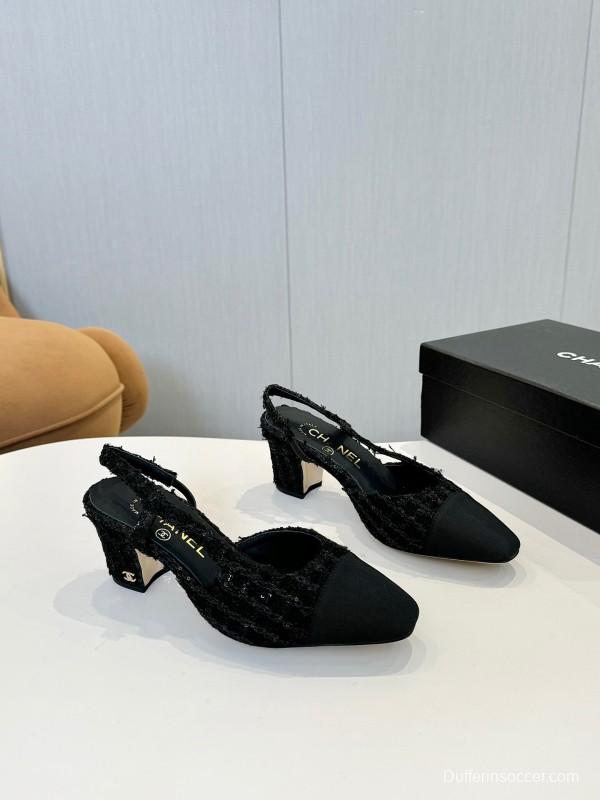 2025 Women Chanel Black Wool Leather Slingback Pumps