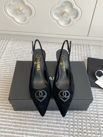 2025 Women Chanel Black Suede Slingback Heels CC Logo KFY00300