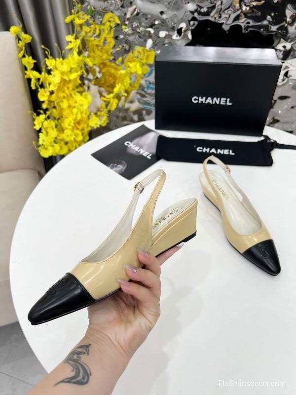 2025 Women Chanel Apricot Black Leather Slingback Flats