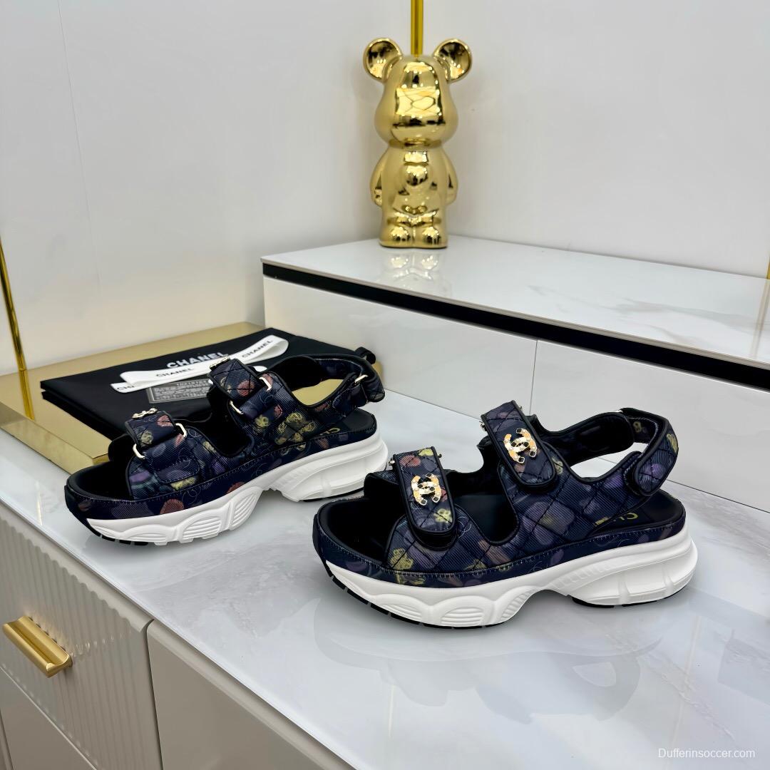 2025 Women Chanel Black Multicolor Fabric Leather Sandals LY00330