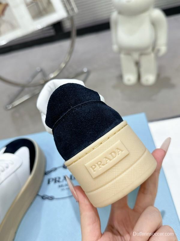 2025 Women Prada White Black Leather Suede Sneakers