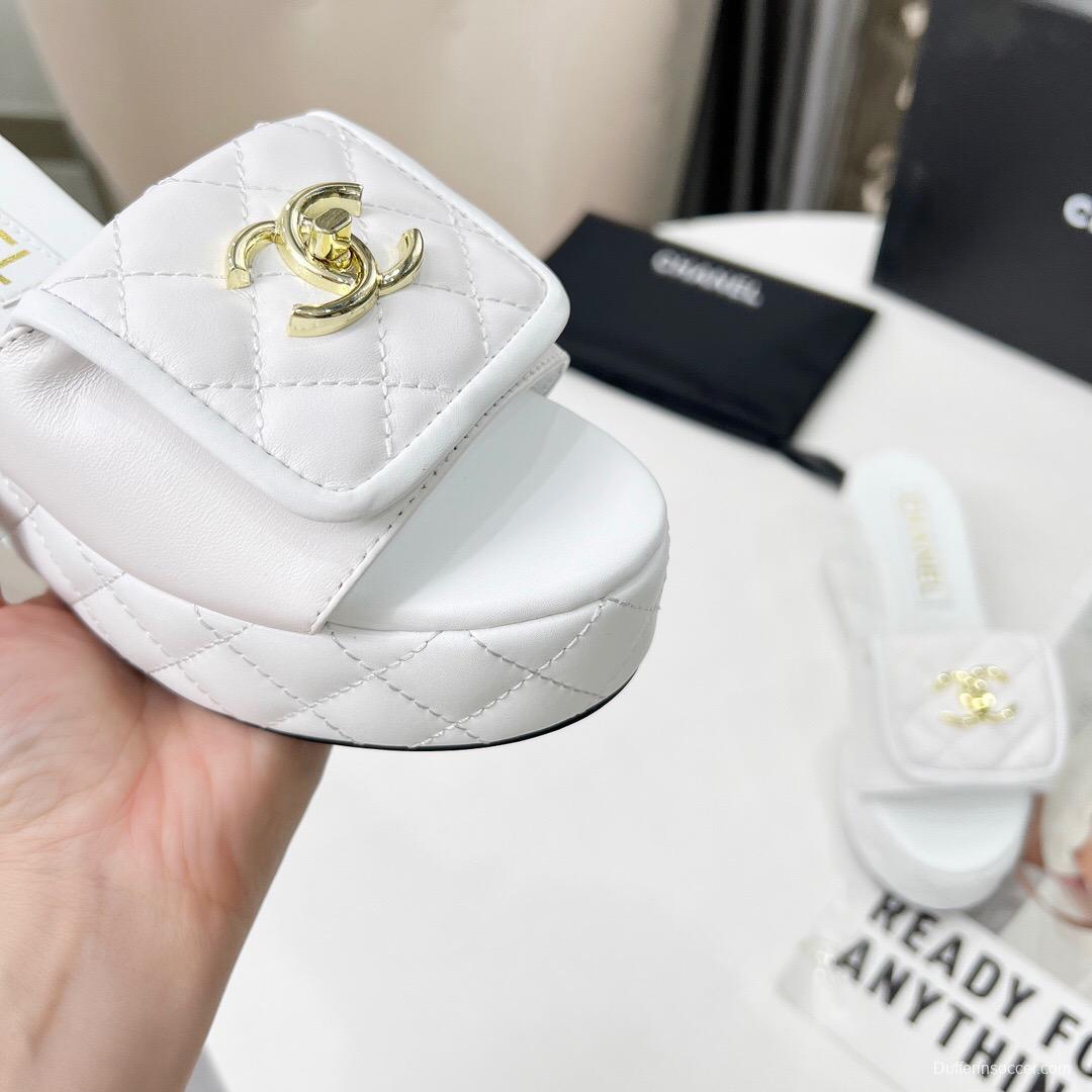2025 Women Chanel White Leather Sandals
