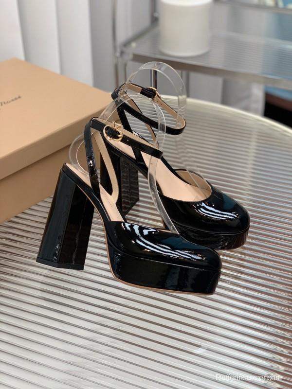 2025 Women Gianvito Rossi Black Patent Leather Platform Sandals KFY00340