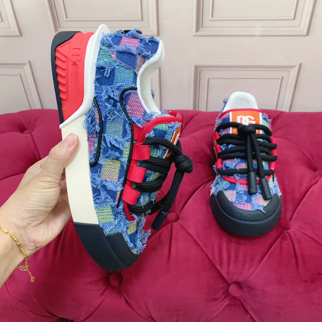 2025 Unisex Dolce & Gabbana Blue Red White Denim Textile Sneakers