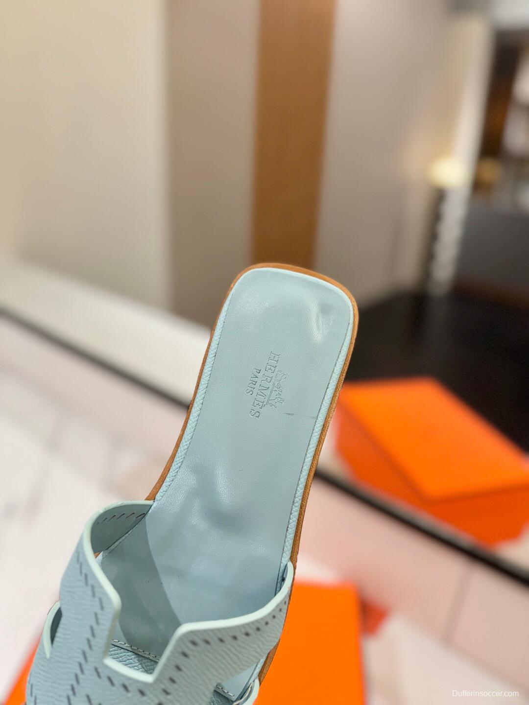 2025 Women Hermès Light Blue Leather Slippers