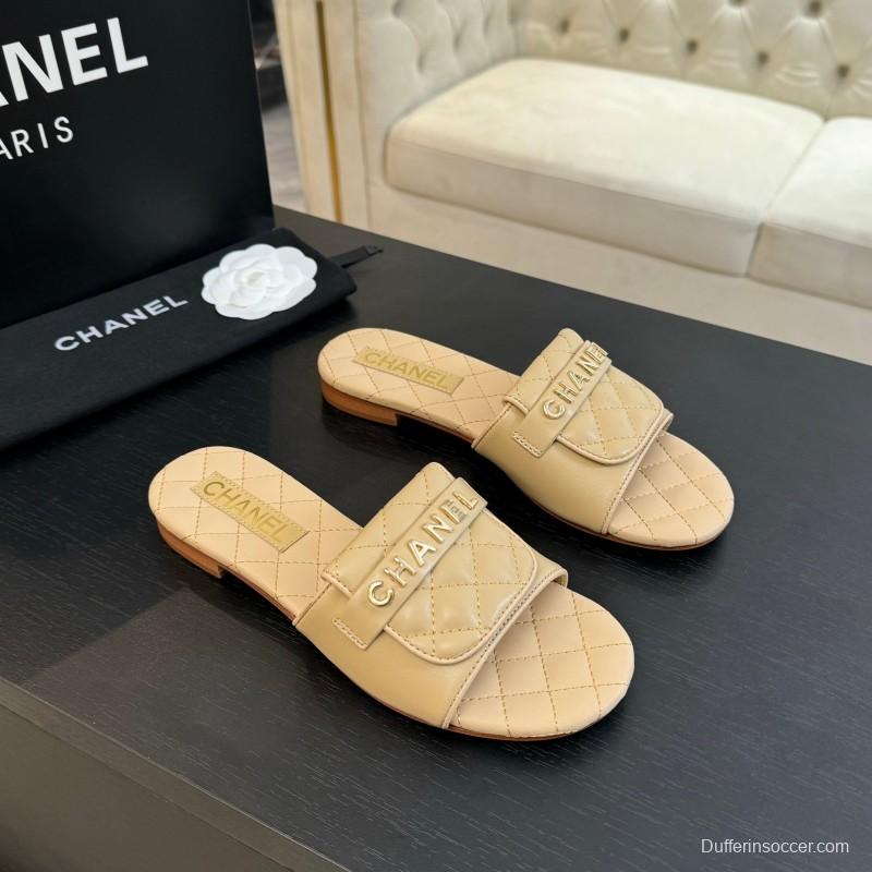 2025 Women Chanel Beige Leather Slippers