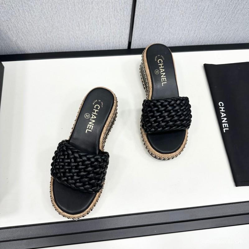 2025 Women Chanel Black Leather Woven Platform Sandals